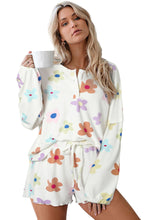 Load image into Gallery viewer, Drawstring Shorts Set | White Floral Long Sleeve Henley Top
