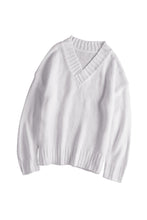 Load image into Gallery viewer, White V neck Drop Shoulder Sweater
