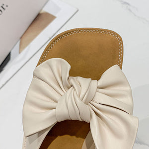 Fashion Sandals-Bow PU Leather Flat Sandals