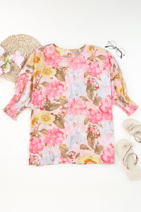 Womens Blouse | Pink Shirred Cuff 3/4 Sleeve Loose Fit Floral Blouse | Tops/Blouses & Shirts