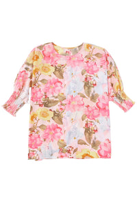 Womens Blouse | Pink Shirred Cuff 3/4 Sleeve Loose Fit Floral Blouse | Tops/Blouses & Shirts