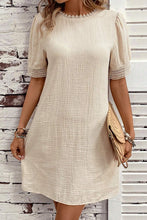 Load image into Gallery viewer, Puff Sleeve Mini Dress | Beige Crinkle Lace Trim Shift Dress
