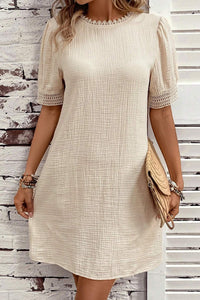 Puff Sleeve Mini Dress | Beige Crinkle Lace Trim Shift Dress