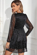 Load image into Gallery viewer, Black Mini Dress | Black Glitter V Neck Long Sleeve Dress
