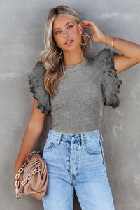 Ruffle Sleeve Top | Gray Dotty Mesh Ribbed Knit Top