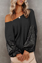 Load image into Gallery viewer, Waffle Knit Top | Black Sequin Patchwork Sleeve Open Back
