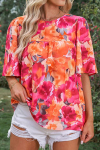 Fiery Red Floral Print Wide Sleeve Blouse | Tops/Blouses & Shirts