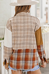 Orange Plaid Color Block Patchwork Shirt Jacket with Pocket | Outerwear/Jackets