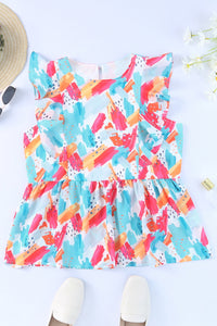 Tank Top | Sky Blue Brush Print Ruffle Trim Peplum