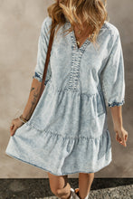 Load image into Gallery viewer, Dusk Blue Acid Wash Retro Half Sleeve Flared Denim Dress | Dresses/Mini Dresses
