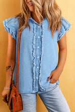 Load image into Gallery viewer, Beau Blue Button Front Ruffled Flutter Frayed Denim Top | Tops/Tops &amp; Tees
