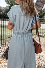 Load image into Gallery viewer, Denim Dress | Beau Blue Short Bat Wing Sleeve Slit Back Dress
