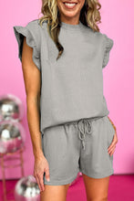 Load image into Gallery viewer, Drawstring Shorts Set | Gray Textured Ruffle Split Top and Shorts
