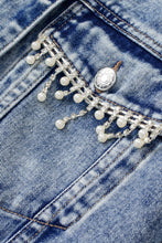 Load image into Gallery viewer, Sky Blue Rhinestone Fringed Hooded Denim Jacket
