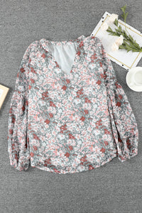 Multicolor Floral Print V Neck Long Puff Sleeve Top