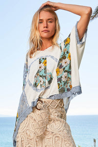 Peace Patch Hooded Top |  V-Neck Floral Print Lace Blouse