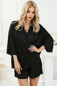 Black 3/4 Sleeves Pleated Shirt and High Waist Shorts Lounge Set | Two Piece Sets/Short Sets