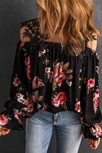 Black Floral Print Lace Patchwork Loose Cold Shoulder Blouse | Tops/Blouses & Shirts