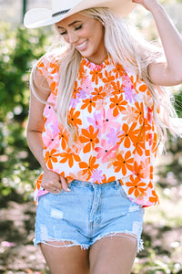 Orange Ruffled Sleeve Smocked Floral Top | Tops/Blouses & Shirts