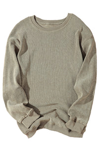 Pullover Sweatshirt | Green Solid Ribbed Knit Round Neck