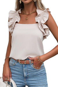 Oatmeal Solid Ruffle Trim Sleeveless Top | Tops/Tank Tops