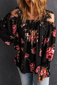 Black Floral Print Lace Patchwork Loose Cold Shoulder Blouse | Tops/Blouses & Shirts