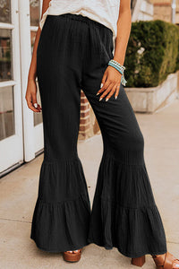 Black Textured High Waist Ruffled Bell Bottom Pants | Bottoms/Pants & Culotte