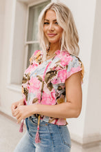 Load image into Gallery viewer, Pink Floral Print Tassel Tie Short Sleeve Blouse | Tops/Blouses &amp; Shirts
