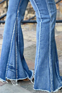 Light Blue Acid Wash Raw Hem Flared Jeans