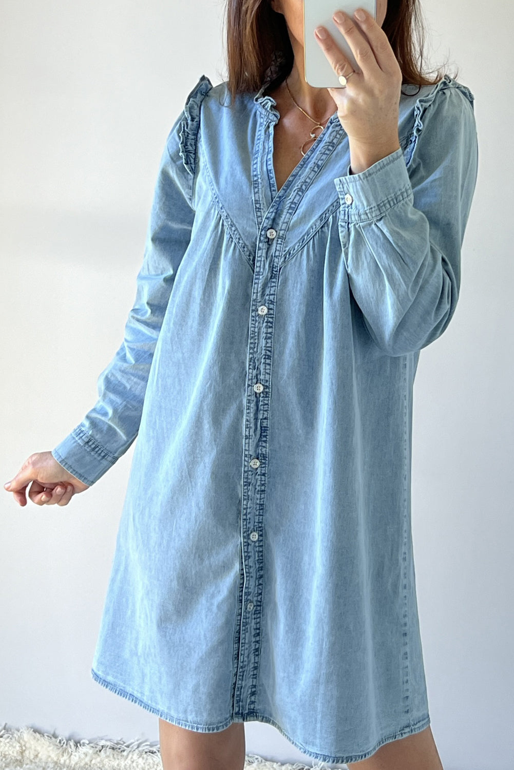 Myosotis Ruffled V Neck Buttoned Shift Denim Dress