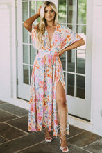 Load image into Gallery viewer, Multicolor Tropical Floral Print Ruched V Neck Maxi Dress | Dresses/Floral Dresses
