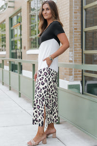 T Shirt Maxi Dress | Black Leopard Color Block Side Slit Dress