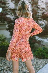 Printed Floral Long Sleeve Frill Tiered Mini Dress