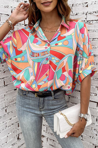 Multicolor Abstract Geometry Print Half Puff Sleeve Loose Shirt | Tops/Blouses & Shirts