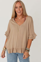 Load image into Gallery viewer, Light French Beige Loose Ruffled V Neck Blouse
