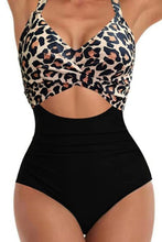 Load image into Gallery viewer, Black Leopard 2-tone Crossed Cutout Backless Monokini | Swimwear/One Piece Swimsuit
