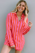 Load image into Gallery viewer, Shorts Set | Orange Striped Print Collared Neck Shirt
