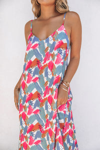 Maxi Dress | Multi-Color Abstract Print Spaghetti Straps