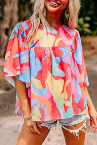 Multicolour Abstract Pattern Wide Sleeve Crew Neck Blouse | Tops/Blouses & Shirts