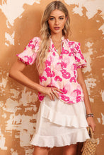 Load image into Gallery viewer, Pink Split Neck Ruffled Puff Sleeves Floral Top | Tops/Tops &amp; Tees
