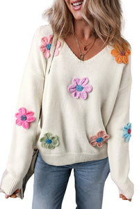 White Crochet Flower V Neck Sweater