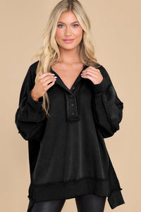 Black Oversized Exposed Seam Henley Sweatshirt | Tops/Sweatshirts & Hoodies