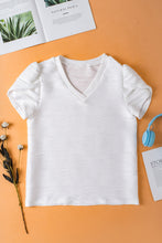 Load image into Gallery viewer, V Neck Top | White Textured Short Sleeve Top
