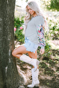 V Neck Top | Gray Floral Lantern Sleeve Patchwork Blouse