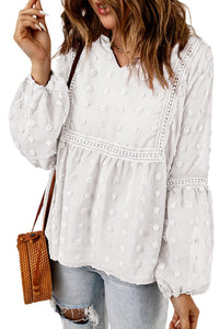 White Swiss Dot Split Neck Ruffle Babydoll Blouse | Tops/Blouses & Shirts