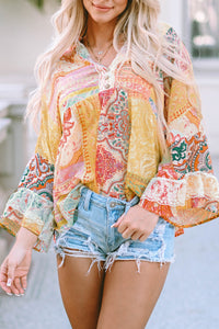 Multicolor Paisley Print Bell Sleeve Lace V-Neck Button Sheer Blouse | Tops/Blouses & Shirts