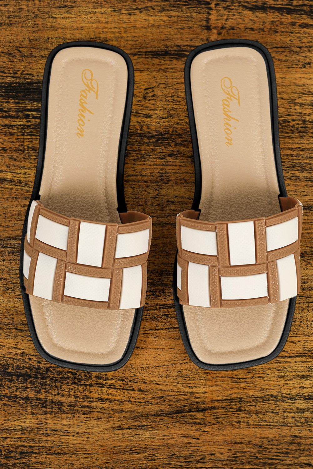 Square Toe Slippers | Beige Two Tone Contrast PU Leather