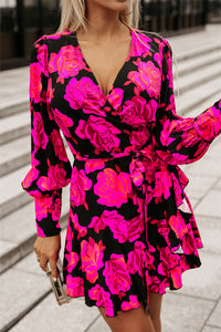 Rose Floral Print V Neck Wrap Bishop Sleeve Ruffle Tiered Mini Dress | Dresses/Floral Dresses