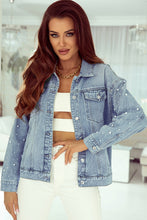 Load image into Gallery viewer, Pearl Beaded Denim Jacket | Sky Blue Pockets Denim Jacket
