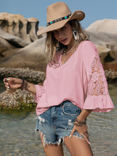 Load image into Gallery viewer, Pink V-Neck Lace Flounce Sleeve Blouse
